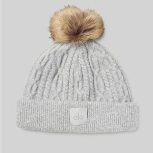 ALO Yoga Gray Knit Beanie with Faux Fur Pom